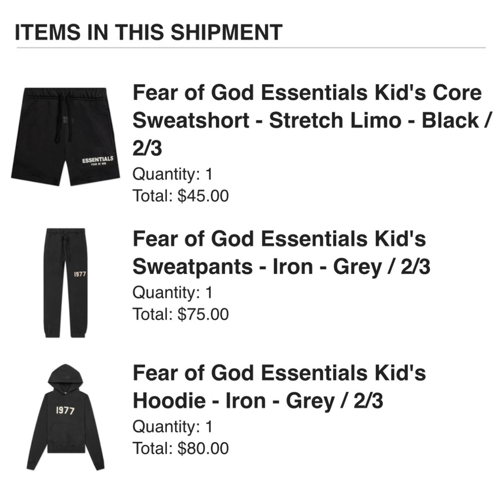 Essentials Fear of God sweatsuit and shorts bundle